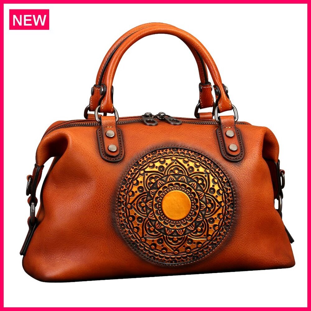 Genuine Leather Crossbody Tote Bag With Retro Mandela Design, Adjustable Strap